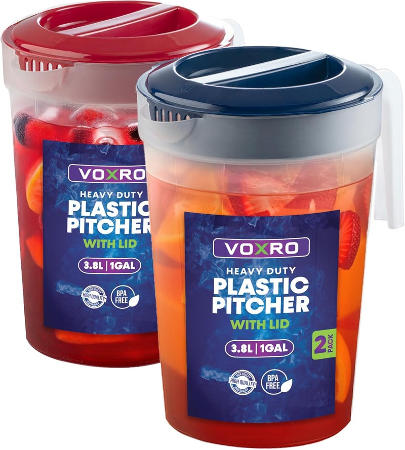 VOXRO 2-Pack 1-Gallon Plastic Pitchers with Lids – Iced Tea Pitchers with Twist Cover BPA-Free, Dishwasher & Freezer Safe, Ideal for Water, Juice & Fridge Storage - Image 1