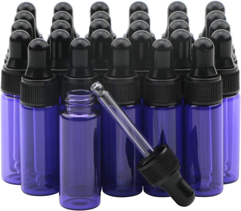Rowiz 30pcs 5ml Small Essential Oil Dropper Bottles Glass Bottle Lotion Perfume Sample Vials with Glass Dropper and Black Caps Pink Bottle (Purple) - Image 1