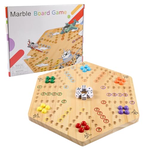 NRZSSN Original Marble Game Wahoo Board Game Double Sided Painted Wooden Fast Track Board Game for Friends and Party 6 and 4 Players 6 Colors 24 Marbles 6 Dice - Image 1