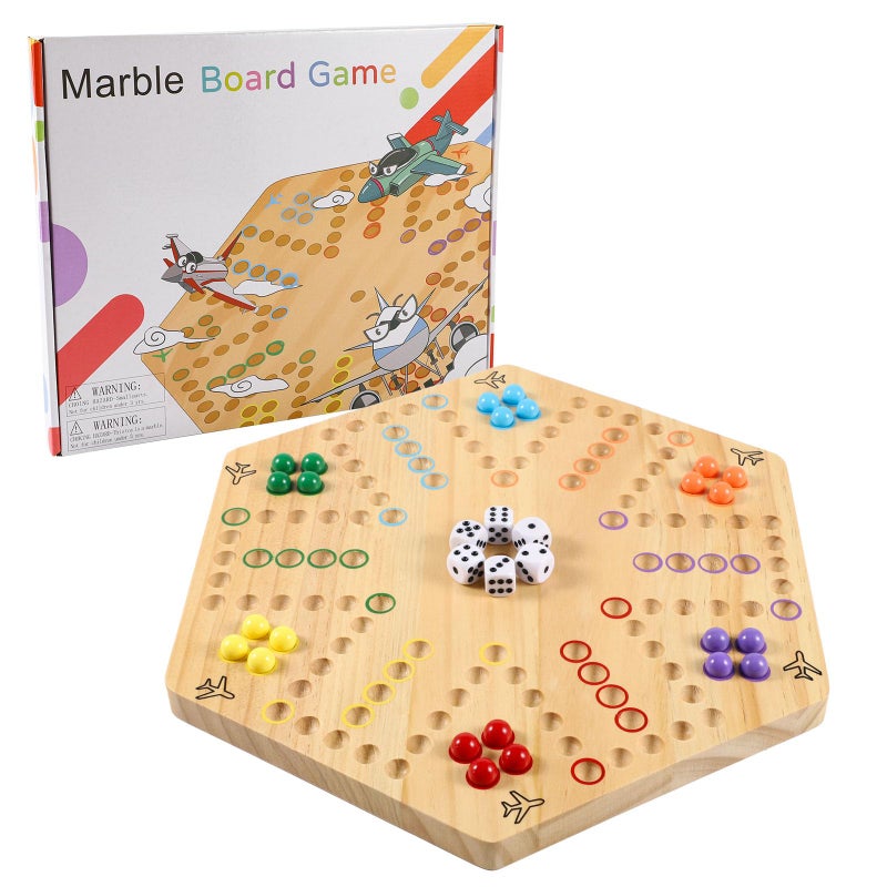 NRZSSN Original Marble Game Wahoo Board Game Double Sided Painted Wooden Fast Track Board Game for Friends and Party 6 and 4 Players 6 Colors 24 Marbles 6 Dice - Image 3