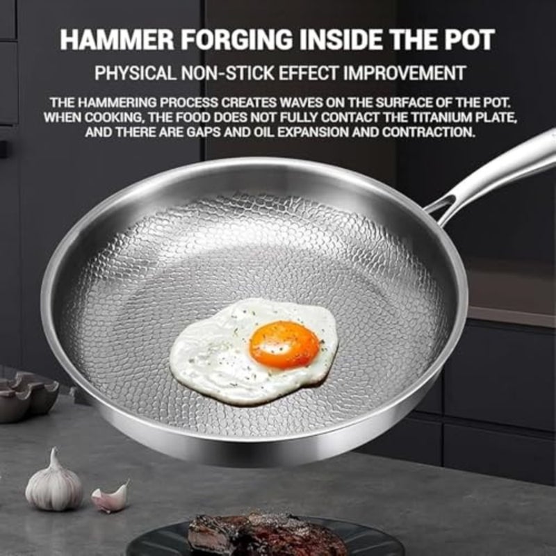 Titanium Hammered Pan Pro With Lid, Ultra-Durable Scratch-Resistant Non Stick Pure Titanium Nutri Pan Hammered Pattern Diameter - Image 5