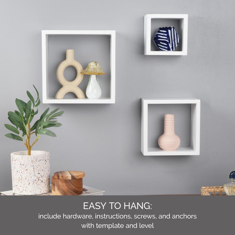 Melannco Floating Square Cube Shelves For Bedroom Living Room Bathroom Kitchen Nursery Set Of 3 White 3 Count - Image 4