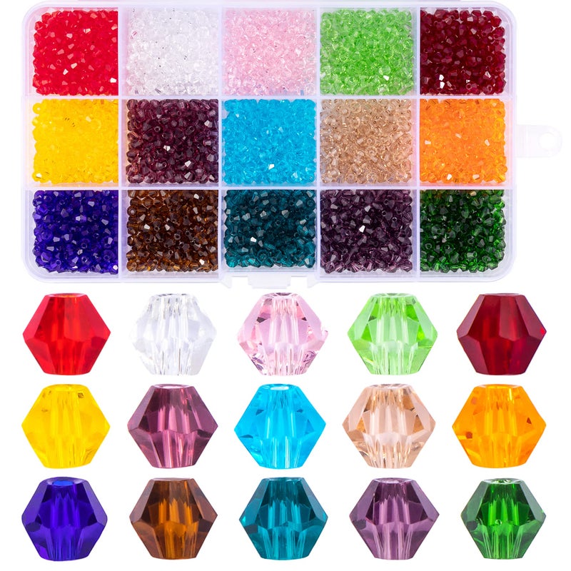 MissAudrey 1800pcs Bicone Glass Beads 4mm Bicone Crystal Beads for Jewelry Making Faceted Crystal Glass Beads 15 Colors for DIY Beading Projects Bracelets Necklaces Earrings Suncatcher Crafts