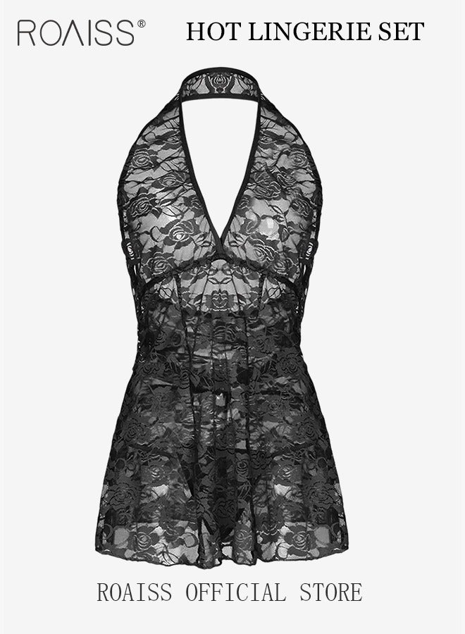 roaiss Women's Lace Nightdress Suit Fashion Sleeveless Strap Nightgown Neck Lace Nightdress V Neck Lingerie  - Image 1