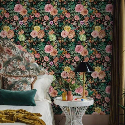 JiffDiff Peel and Stick Wallpaper Dark Floral Wall Mural Peony Nursery Wall Paper for Bedroom(17.7" x 118.11",Black) - Image 2