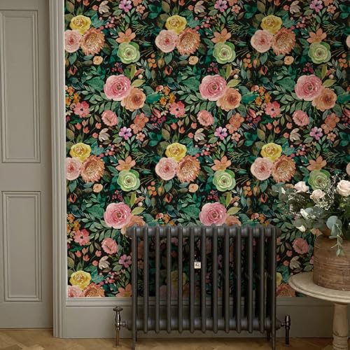 JiffDiff Peel and Stick Wallpaper Dark Floral Wall Mural Peony Nursery Wall Paper for Bedroom(17.7" x 118.11",Black) - Image 3