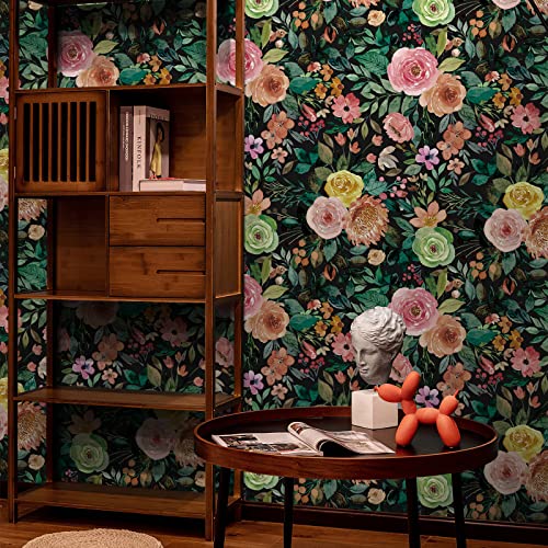 JiffDiff Peel and Stick Wallpaper Dark Floral Wall Mural Peony Nursery Wall Paper for Bedroom(17.7" x 118.11",Black) - Image 1
