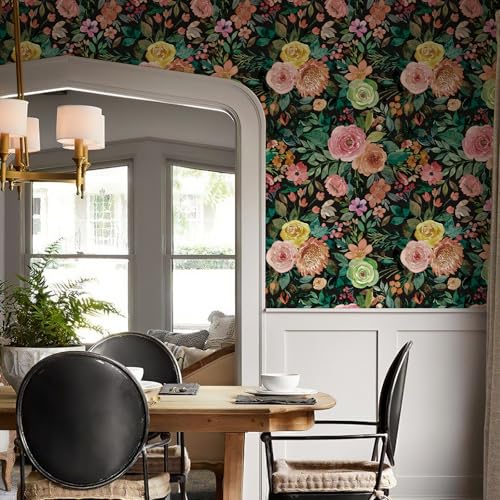 JiffDiff Peel and Stick Wallpaper Dark Floral Wall Mural Peony Nursery Wall Paper for Bedroom(17.7" x 118.11",Black) - Image 4