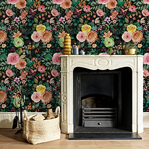 JiffDiff Peel and Stick Wallpaper Dark Floral Wall Mural Peony Nursery Wall Paper for Bedroom(17.7" x 118.11",Black) - Image 5