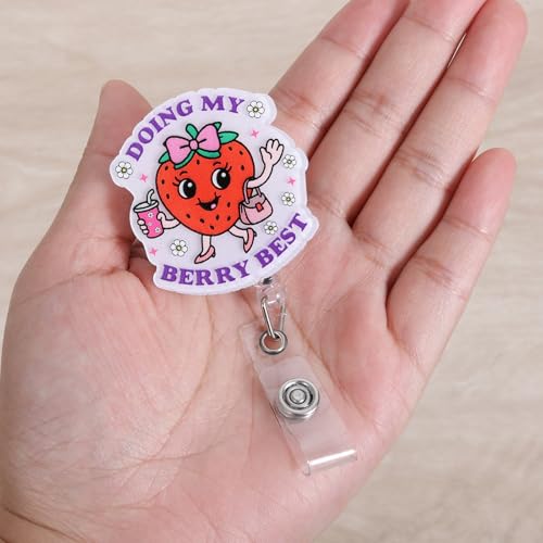 BVIIE Doing My Berry Best Cute Strawberry Badge Reel, Retractable ID Card Badge Holders, Healthcare Worker Badge Clip for RN MA Pediatric Nurse Doctor Nursing Student Ambulatory Care PT OT Therapists HR - Image 2