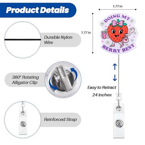 BVIIE Doing My Berry Best Cute Strawberry Badge Reel, Retractable ID Card Badge Holders, Healthcare Worker Badge Clip for RN MA Pediatric Nurse Doctor Nursing Student Ambulatory Care PT OT Therapists HR - Image 3