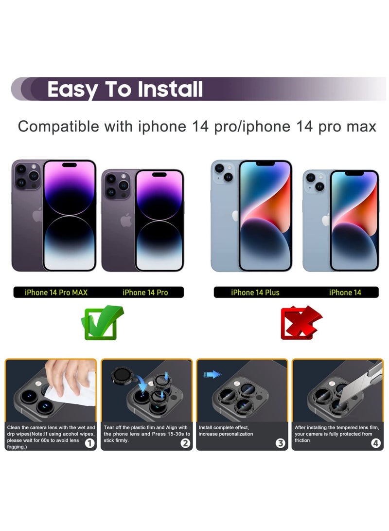 Camera Lens Protector, Camera Cover Tempered Glass for iPhone 14 Pro Max/for iPhone 14 Pro [Glitter Diamonds] -Bling -Black - Image 2