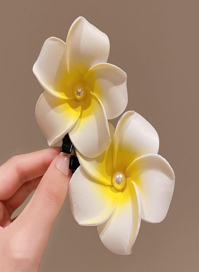 YSSZAM 10 Pcs White Pearl Hawaii Plumeria Flower Clips Hawaiian Flower Hair Barrettes Beach Party Hair Clips Artificial Tropical Hairpins for Wedding (5cm) - Image 4