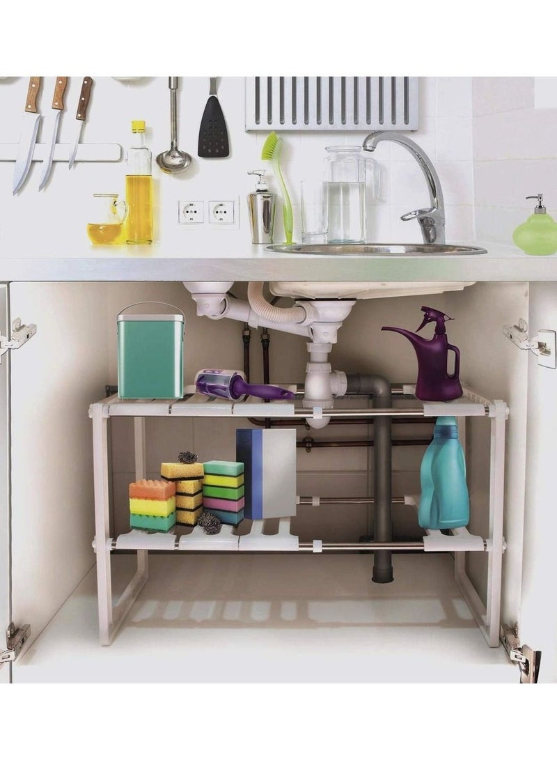 منظم بأرفف قابل للتمديد للتخزين تحت حوض المطبخ أبيض - Image 3