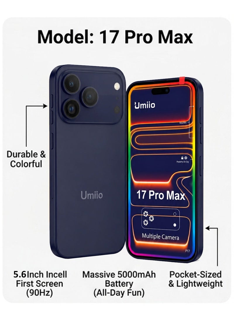 Umiio Mini Smartphone 5.6 Inch Incell Display Dual SIM 17 Pro Max Android Cell Phone Rear And Front Camera, Compact Small Size Android Dual SIM Wi-Fi GPS Supported Small Mobile Phone - Blue - Image 3