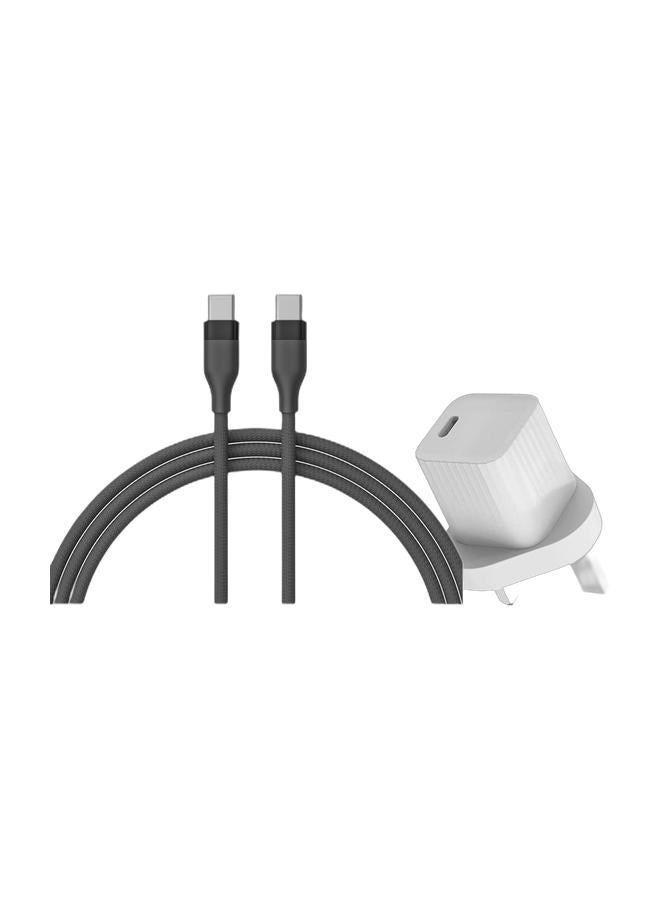 EKR كابل شحن سريع مضفر من EKR، ١٠٠ واط، من USB-C إلى USB-C | ٢ متر | شريحة Emark | نقل بيانات عالي السرعة - أسود ومحول حائطي سريع من EKR، ٣٣ واط، USB-C، PD GaN، متوافق مع iPhone 13/14/15/16/17، Samsung Galaxy، Pixel، iPad، AirPods، WhiteBundle - Image 1