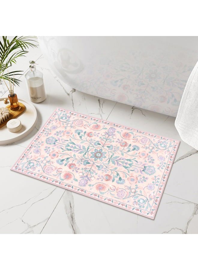 Uphome Pink Bathroom Rugs Vintage Boho Bath Mat Soft Shaggy Non-Slip Farmhouse Bath Rug Machine Washable Distressed Floral Toilet Rug for Shower Sink Door Mat, 18x26 inch - Image 1