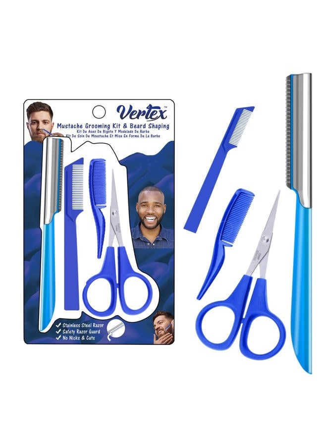 VERTEX مجموعة أدوات تشذيب الشارب والمقص - ماكينة حلاقة للسفر للرجال مع مشط ومقص لتشذيب اللحية وحواف مستقيمة من الفولاذ المقاوم للصدأ لتشكيل اللحية بعد صبغها باللون الأسود، مشكل الشارب، المقصات، البلسم، المشط، فرشاة الغسل - Image 1