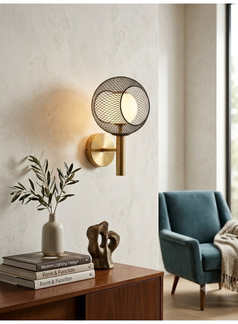 Modern Spherical Mesh Wall Light with Elegant Brass Base