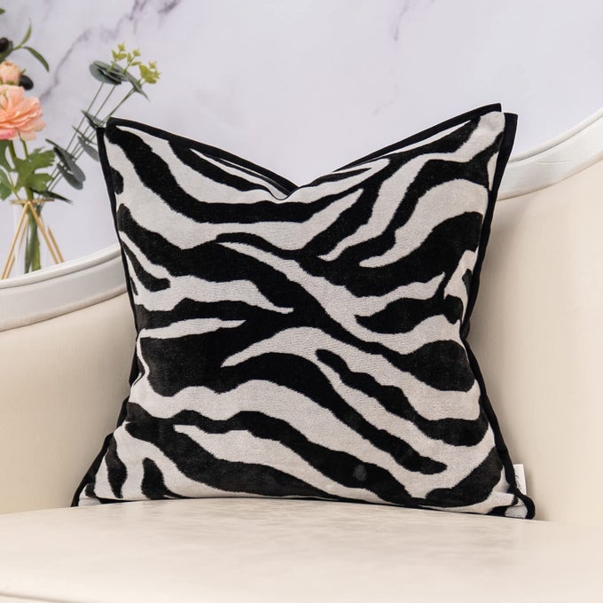 Black Square Pillow Cover Cut Velvet Zebra Print Cushion Cover Luxury Modern Pillowcover for Couch Living Room Bedroom18x18 Inch