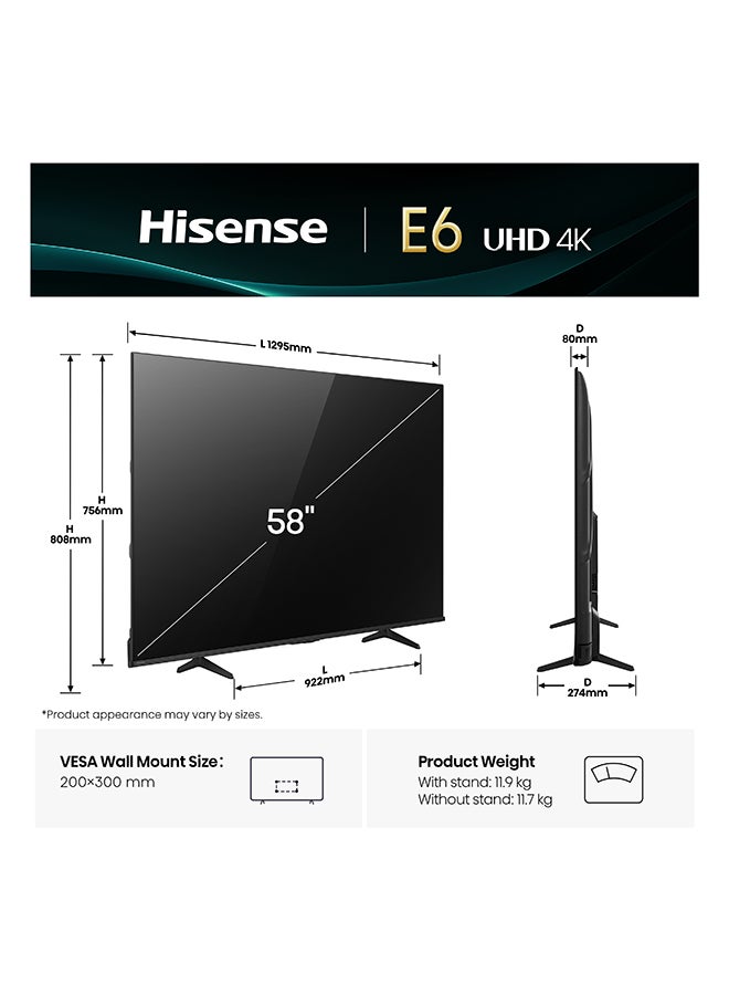 هايسنس تلفاز سمارت 58 بوصة من هايسنس UHD 4K E6Q - رؤية دولبي، معزز 4K بالذكاء الاصطناعي، ألعاب بدولبي، حركة سلسة مع MEMC، وضع الرياضة بالذكاء الاصطناعي، تحكم صوتي، مشاركة إلى التلفاز، يوتيوب، نتفليكس، ديزني+، شاهد 58E6Q (نسخة الإمارات 2025) - Image 2
