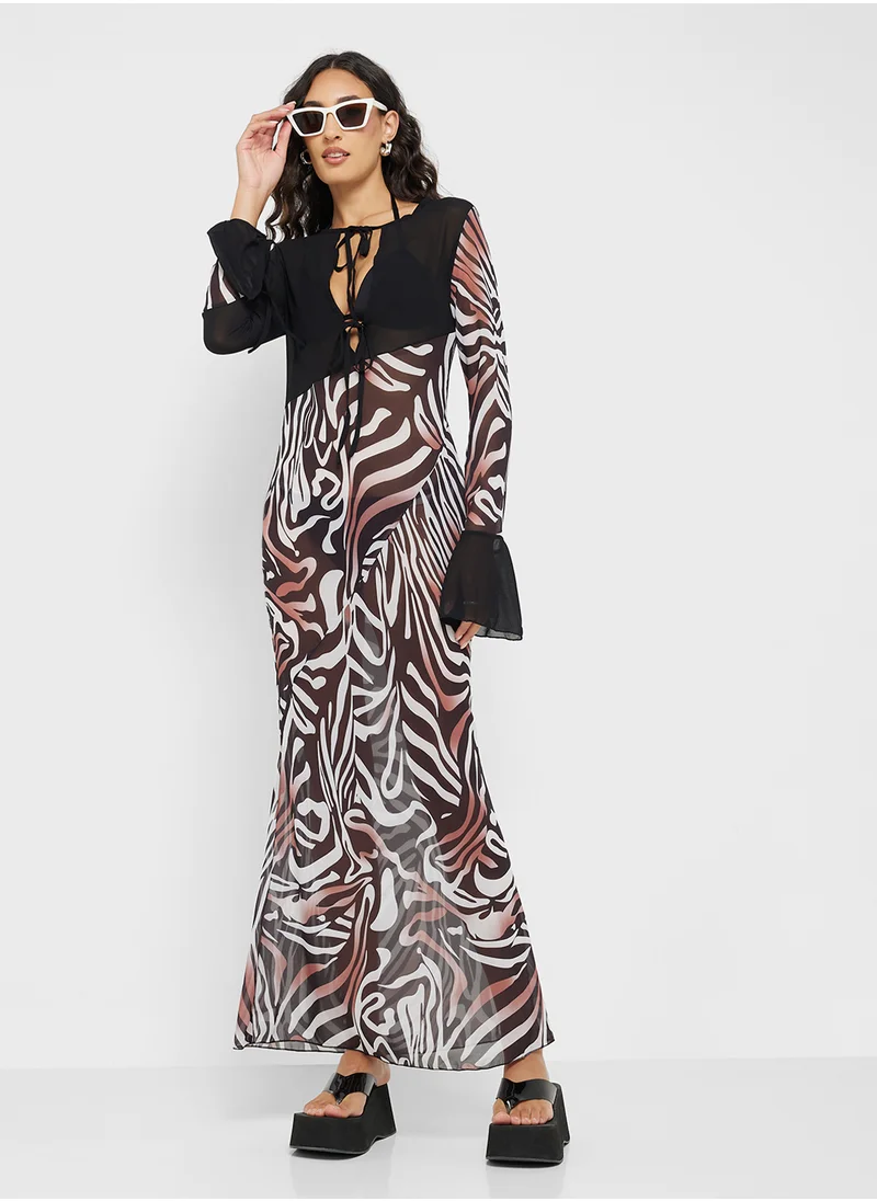 Ginger Zebra Print Maxi Dress With Sheer Cutout