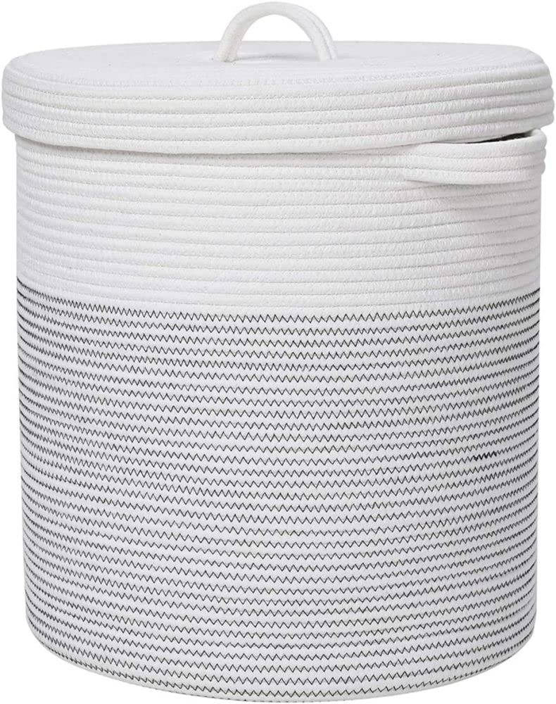 BRISHTl 12" X 12" X 14" Large Storage Basket With Lid, Cotton Rope Storage Baskets, Laundry Hamper, Blankets Pillows Storage In Living Room Baby Nursery, White&Black Stiches With Cover