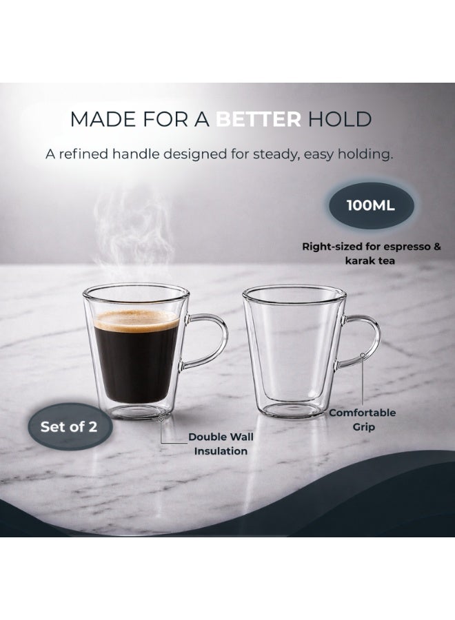BLACKSTONE Double Wall Glass Espresso 100 ml Cups Set of 2 Borosilicate Insulated Clear Arabic Coffee Cups with Handle for Hot Drinks, DH407 - Image 4