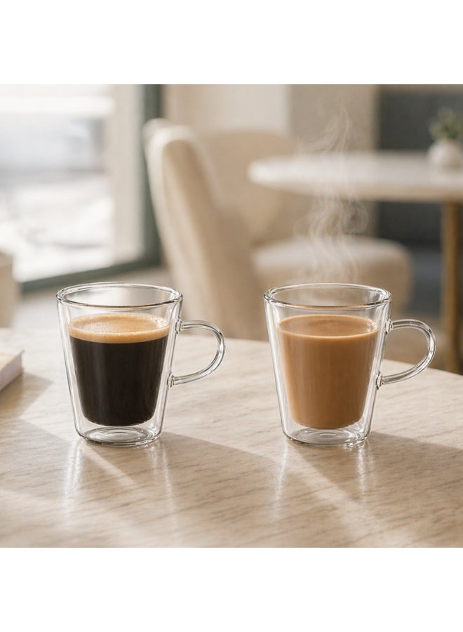 BLACKSTONE Double Wall Glass Espresso 100 ml Cups Set of 2 Borosilicate Insulated Clear Arabic Coffee Cups with Handle for Hot Drinks, DH407 - Image 1