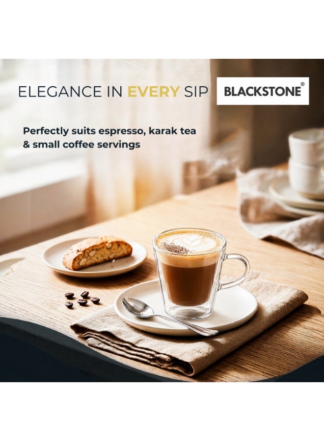 BLACKSTONE Double Wall Glass Espresso 100 ml Cups Set of 2 Borosilicate Insulated Clear Arabic Coffee Cups with Handle for Hot Drinks, DH407 - Image 2