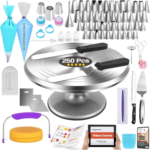 RFAQK 250 PCs Aluminum Cake Decorating Tools Kit with 12" Metal Turntable & Knife set-48 Numbered Icing Tips-3 Russian Piping Nozzles-Straight & Angled Spatula-Cake Leveler& Baking Supplies Tools - Image 1