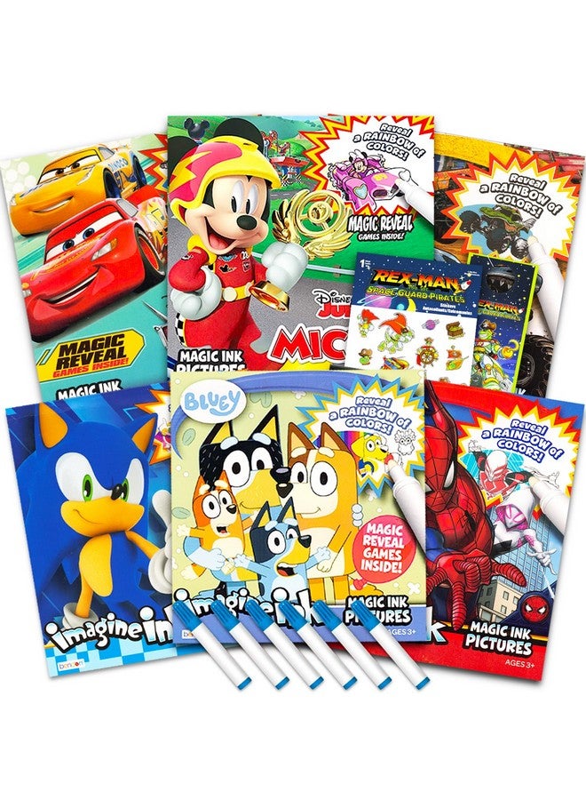 Bendon Bulk Imagine Ink Coloring Book Set for Boys - Bundle with 6 No Mess Coloring Books, Rex-Man Stickers and Door Hanger (Featuring Sonic, Monster Jam, Mickey Mouse, Spidey, Cars, and Bluey) - Image 1