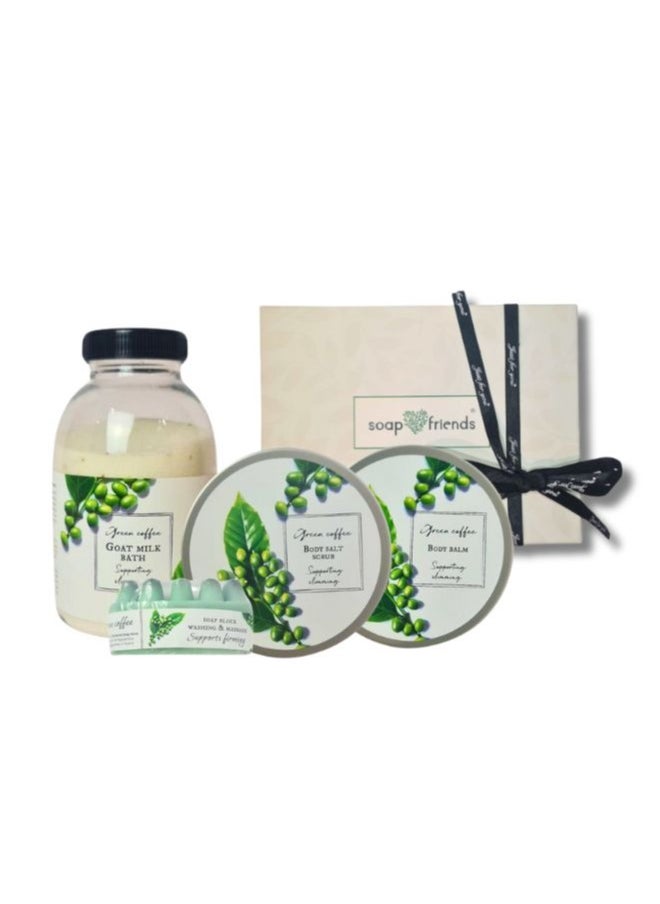 Soap&Friends Green Coffee Slimming Bath Milk, Body Balm, Body Scrub & Massage Block Gift Set, Set of 4  - Image 1