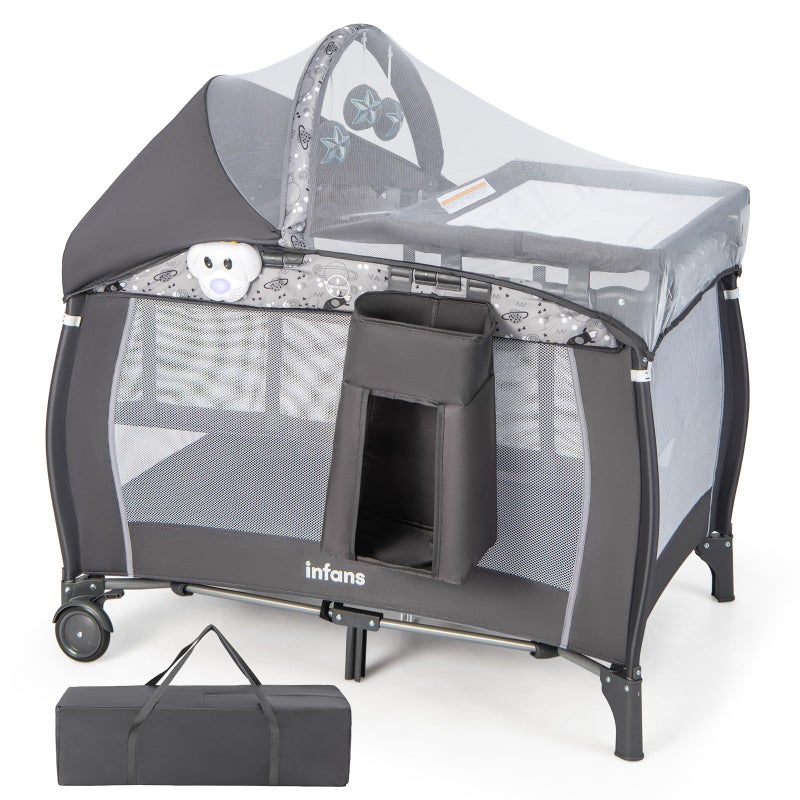 INFANS 4 in 1 Pack and Play, Portable Travel Baby Playard with Bassinet, Changing Table, Canopy, Mosquito Net, Hanging Toys, Music Box, Storage Bag, Large Playpen from Newborn to Toddlers (Grey) - Image 1