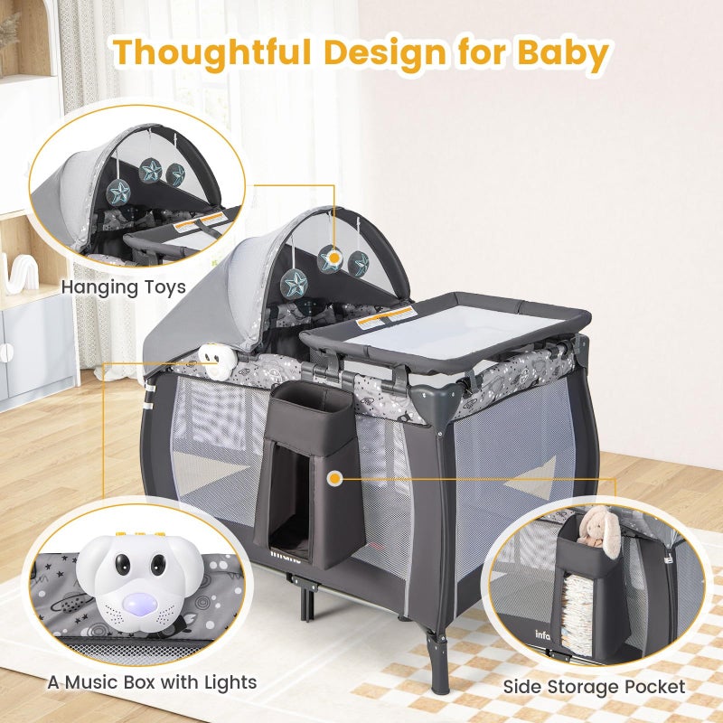 INFANS 4 in 1 Pack and Play, Portable Travel Baby Playard with Bassinet, Changing Table, Canopy, Mosquito Net, Hanging Toys, Music Box, Storage Bag, Large Playpen from Newborn to Toddlers (Grey) - Image 3