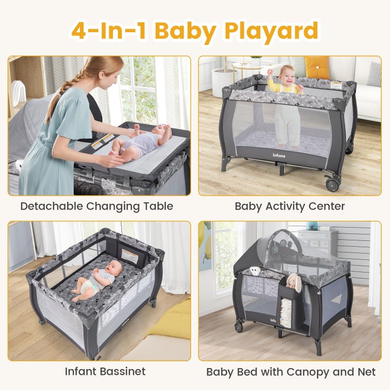 INFANS 4 in 1 Pack and Play, Portable Travel Baby Playard with Bassinet, Changing Table, Canopy, Mosquito Net, Hanging Toys, Music Box, Storage Bag, Large Playpen from Newborn to Toddlers (Grey) - Image 5