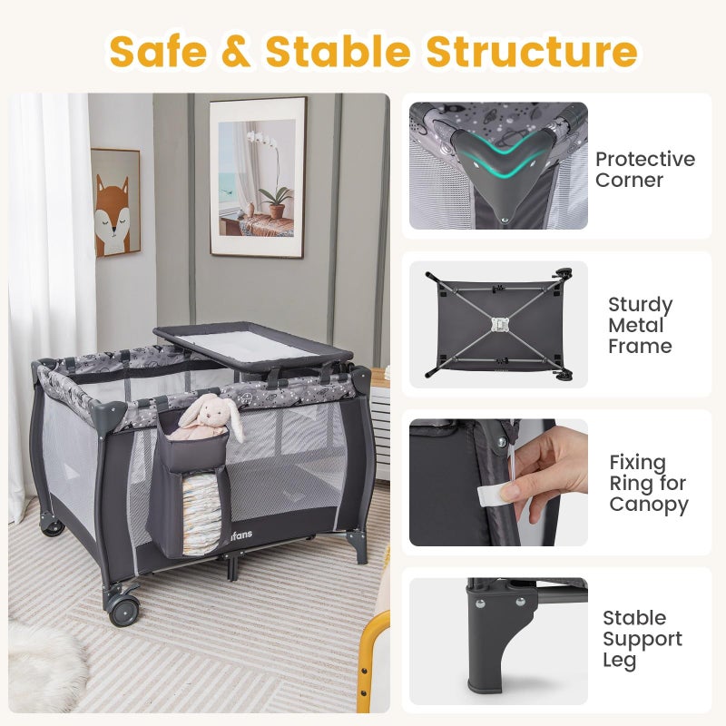 INFANS 4 in 1 Pack and Play, Portable Travel Baby Playard with Bassinet, Changing Table, Canopy, Mosquito Net, Hanging Toys, Music Box, Storage Bag, Large Playpen from Newborn to Toddlers (Grey) - Image 4
