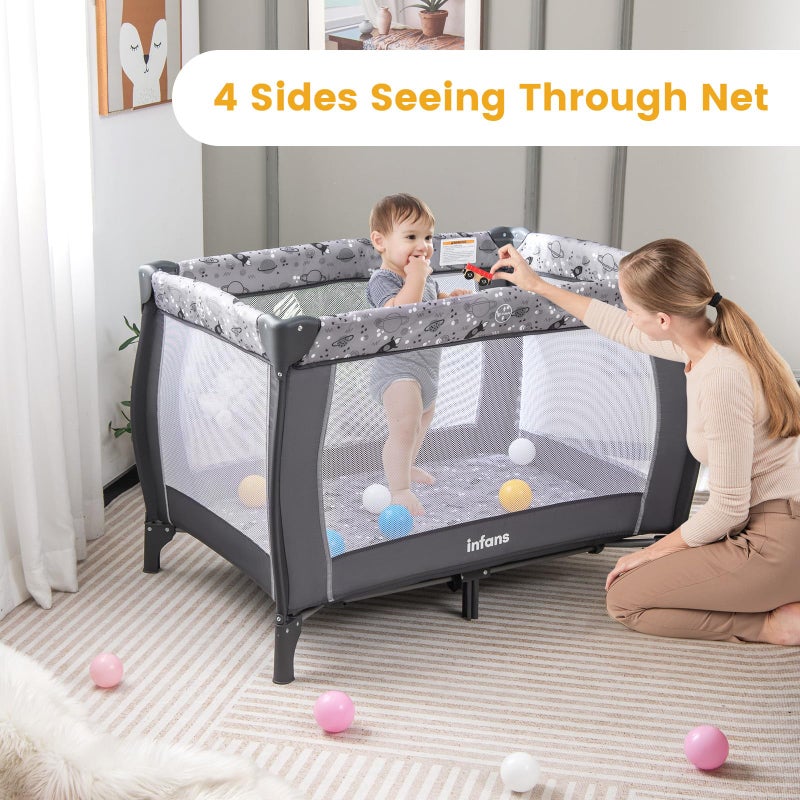 INFANS 4 in 1 Pack and Play, Portable Travel Baby Playard with Bassinet, Changing Table, Canopy, Mosquito Net, Hanging Toys, Music Box, Storage Bag, Large Playpen from Newborn to Toddlers (Grey) - Image 2