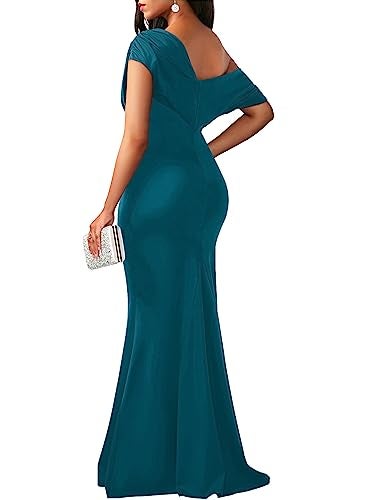 YMDUCH Women's Elegant Sleeveless Off Shoulder Bodycon Long Formal Party Evening Dress Peacock Blue - Image 2