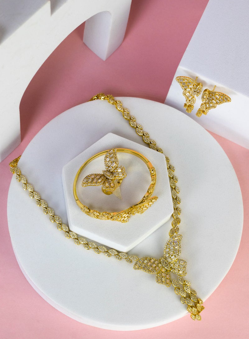 إكسسوارات آر. سي. إي طقم مجوهرات الفراشة المبهرة، مكون من 4 قطع: عقد وأقراط وخاتم وسوار من الزركون الذهبي - Image 4