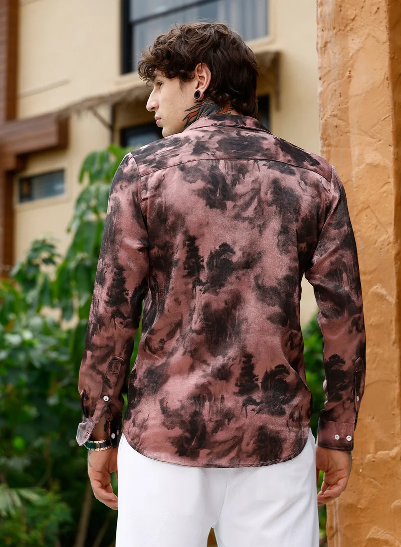 Campus Sutra Campus Sutra Men Gleaming-Blur Shirt | Spread Collar Long Cuffed Sleeves | Button Closure Curved Hem | Abstract-Print Suede Feel | Woven Fabric For Evening & Party Wear | Dark Mauve