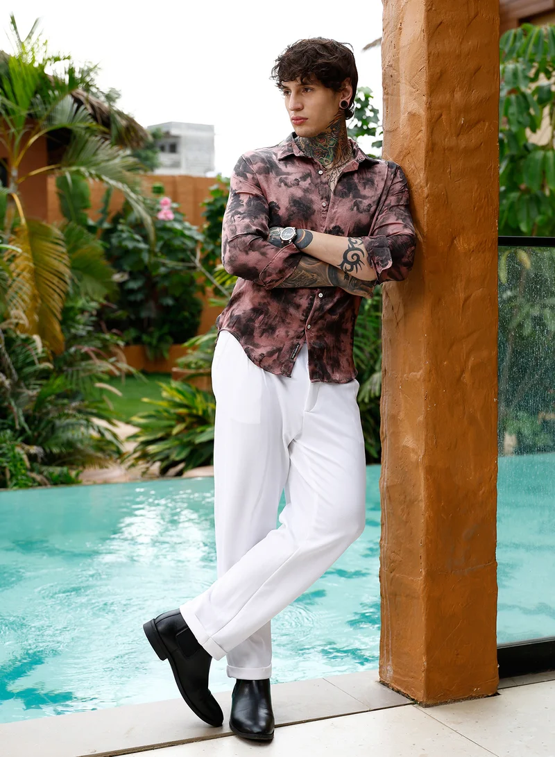 Campus Sutra Campus Sutra Men Gleaming-Blur Shirt | Spread Collar Long Cuffed Sleeves | Button Closure Curved Hem | Abstract-Print Suede Feel | Woven Fabric For Evening & Party Wear | Dark Mauve