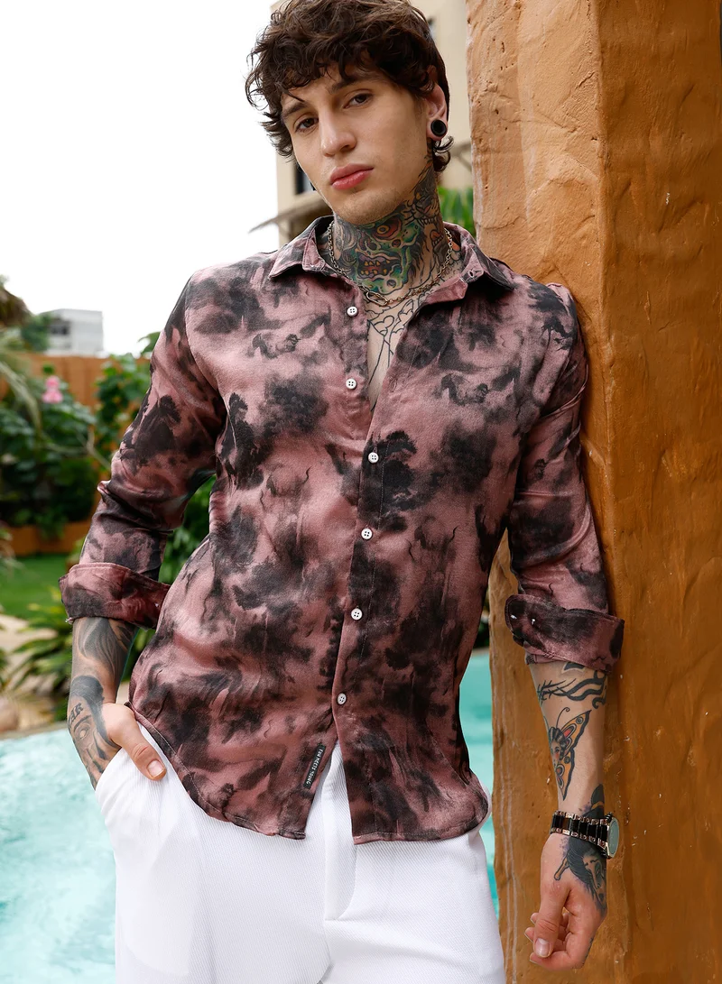 كامبوس سوترا Campus Sutra Men Gleaming-Blur Shirt | Spread Collar Long Cuffed Sleeves | Button Closure Curved Hem | Abstract-Print Suede Feel | Woven Fabric For Evening & Party Wear | Dark Mauve