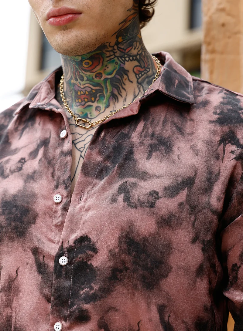 Campus Sutra Campus Sutra Men Gleaming-Blur Shirt | Spread Collar Long Cuffed Sleeves | Button Closure Curved Hem | Abstract-Print Suede Feel | Woven Fabric For Evening & Party Wear | Dark Mauve