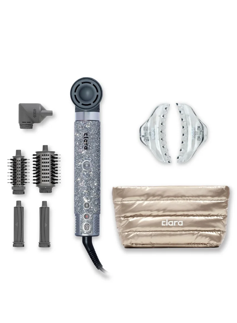 كلارا The Sparkle & Style Diamond Silver Bundle – Diamond Silver 6-in-1 Multi Styler for Curling, Drying & Salon Blowouts with Strong Hold Hair Clips Set & Metallic Gold Padded Toiletry Bag