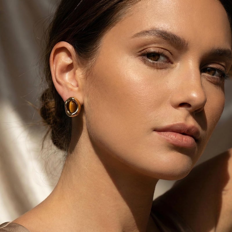 Jean Beau JeanBeau Gold Chunky Tiger Eye Stone Stud Earrings for Women, Valentine Trendy Brown Natural Gemstone Square Hypoallergenic Earing Jewelry Gift. - Image 2