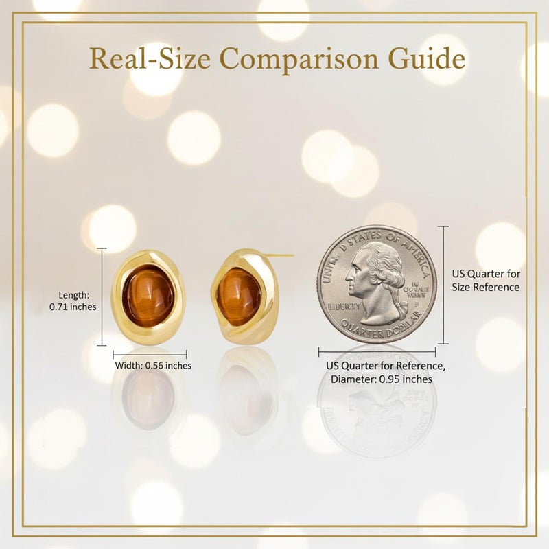 Jean Beau JeanBeau Gold Chunky Tiger Eye Stone Stud Earrings for Women, Valentine Trendy Brown Natural Gemstone Square Hypoallergenic Earing Jewelry Gift. - Image 3