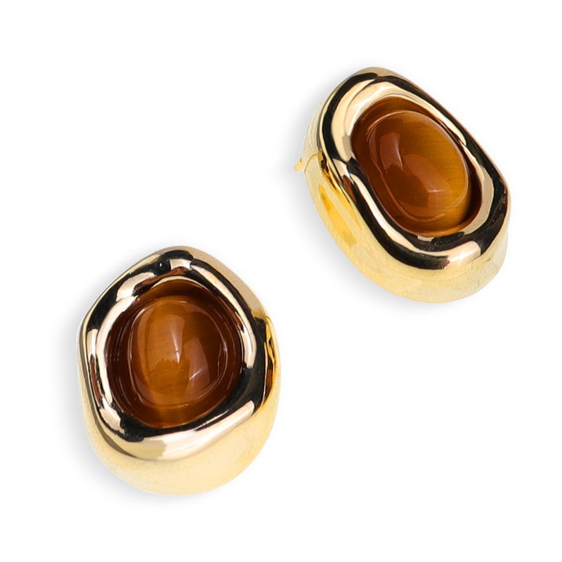 Jean Beau JeanBeau Gold Chunky Tiger Eye Stone Stud Earrings for Women, Valentine Trendy Brown Natural Gemstone Square Hypoallergenic Earing Jewelry Gift. - Image 1