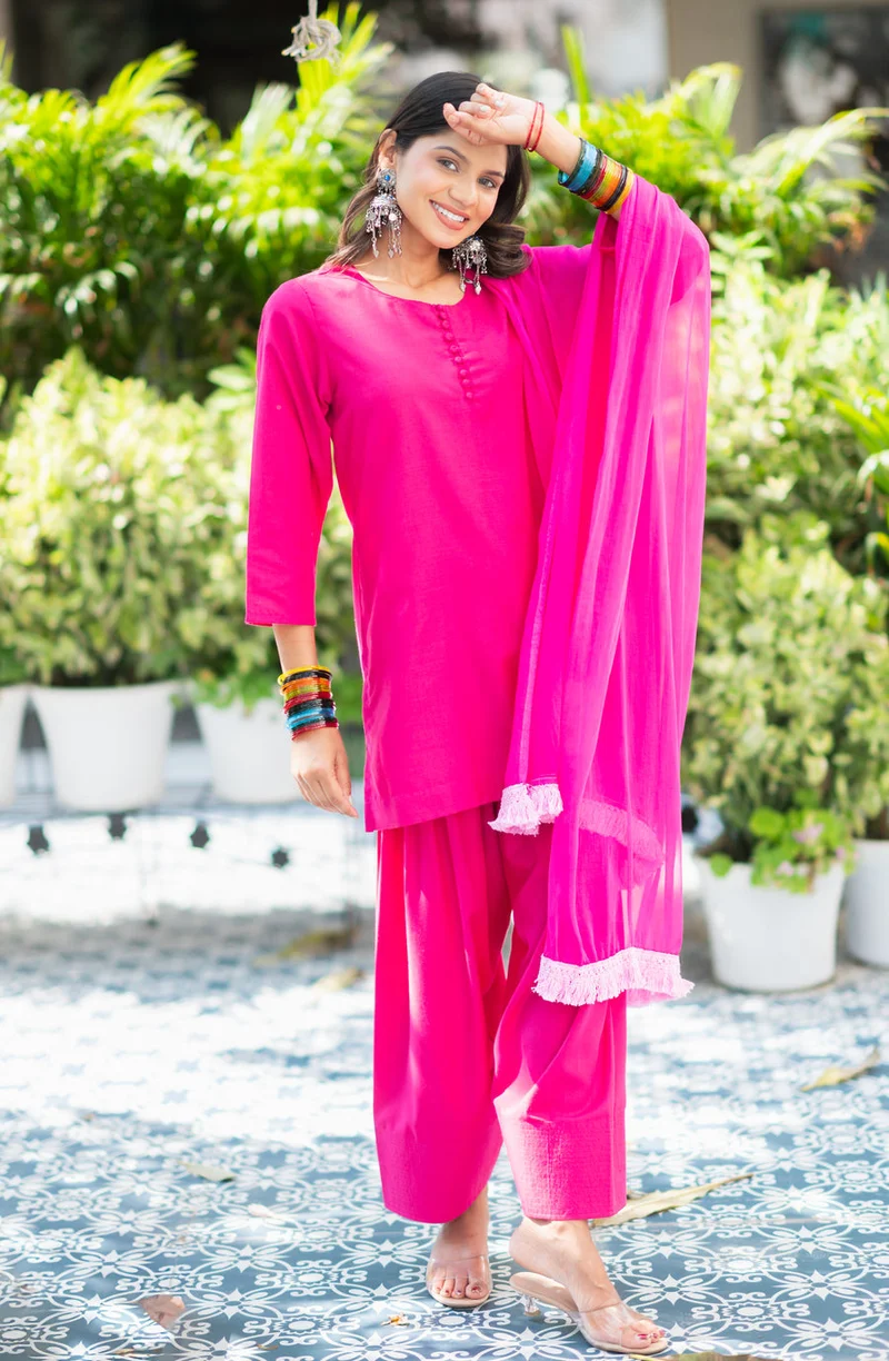 ZERESOUQ Pink Cotton Potli Farshi Shalwar Set
