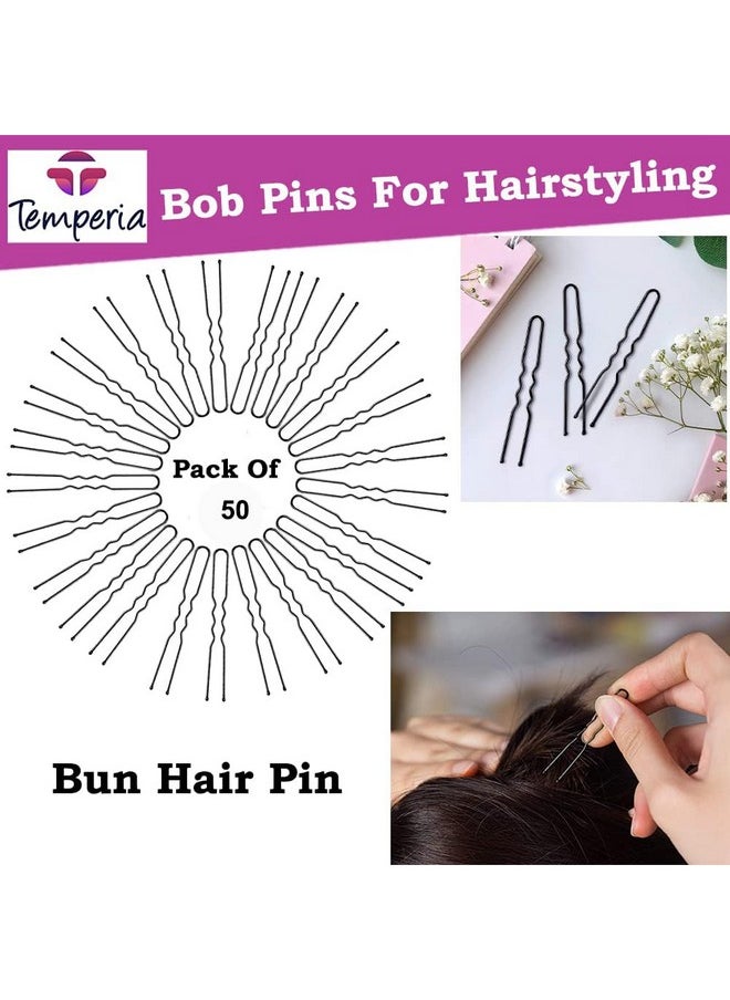 Temperia - Temperia U Hair Pins for Women & Girls | Juda Pins (Pack Of 50) (7cm Long) | Stylish U-Shaped Hairpins for Hairstyling | Hair Styling Accessories Clips (Black) - Image 1